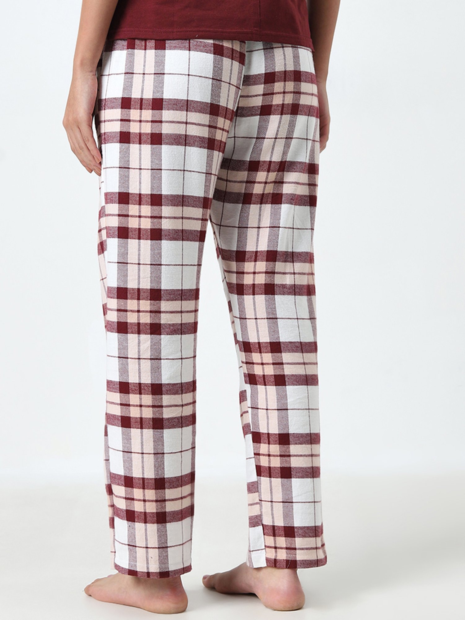 Wunderlove by Westside Burgundy Checkered Mid-Rise Cotton Lounge Pants