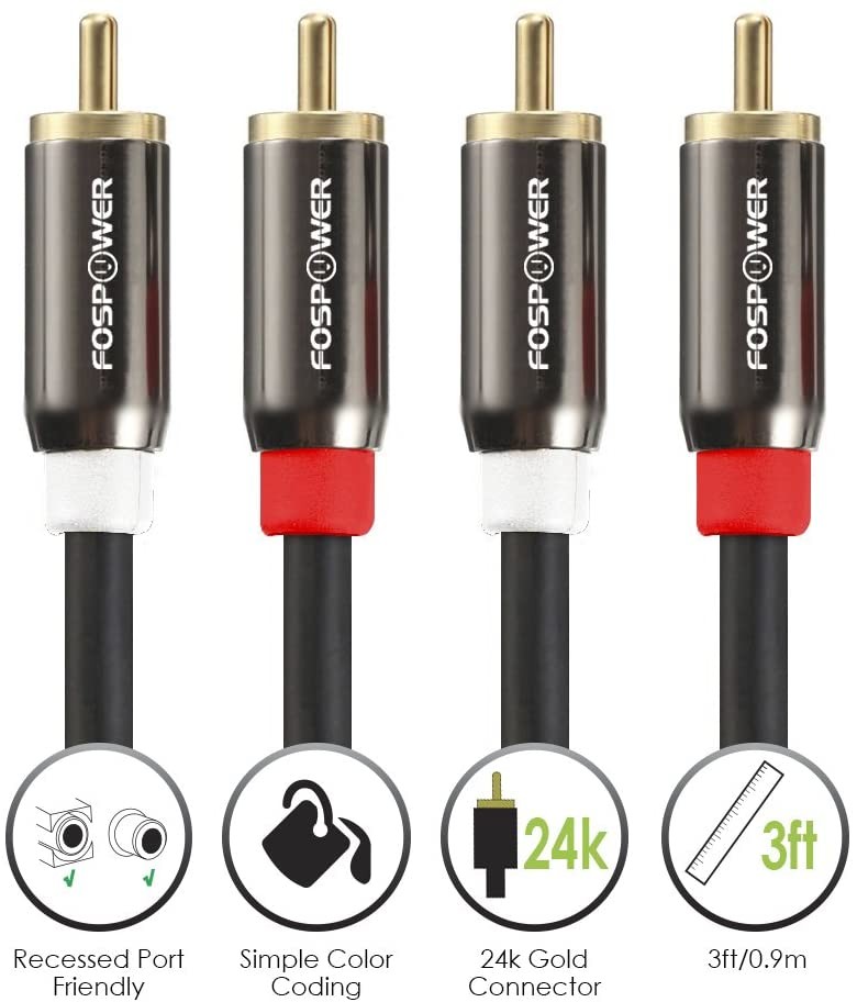 (3 Feet) 2 RCA M/M Stereo Audio Cable [24K Gold Plated | Copper Core] 2RCA Male to 2RCA Male [Left/Right] Premium Sound Quality Plug