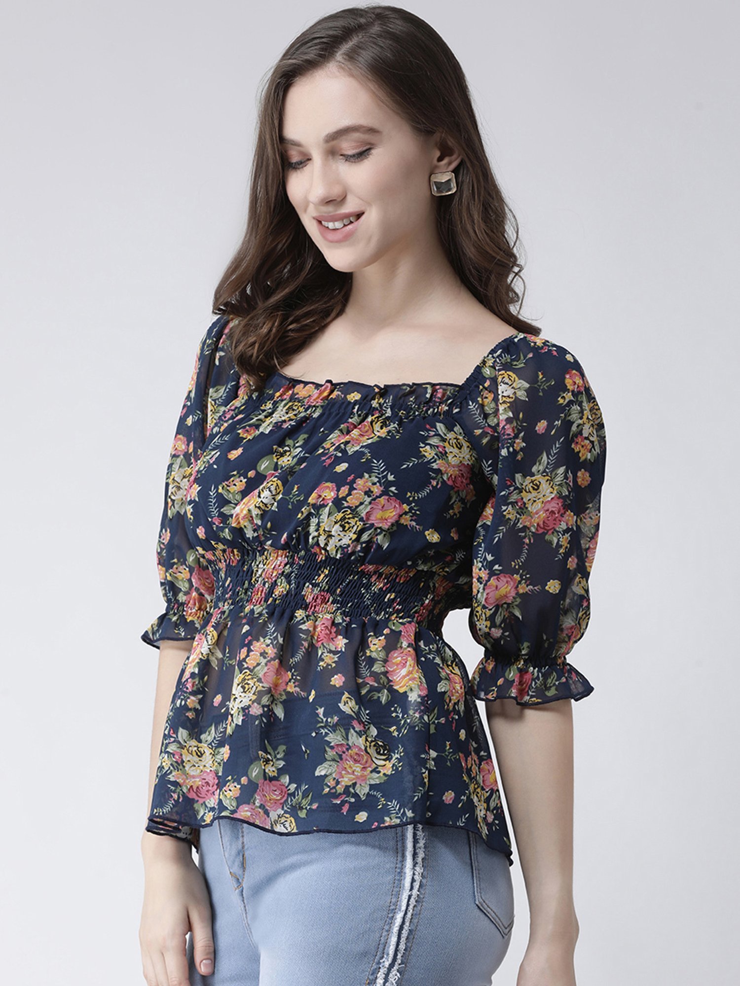 KASSUALLY Navy Floral Print Top