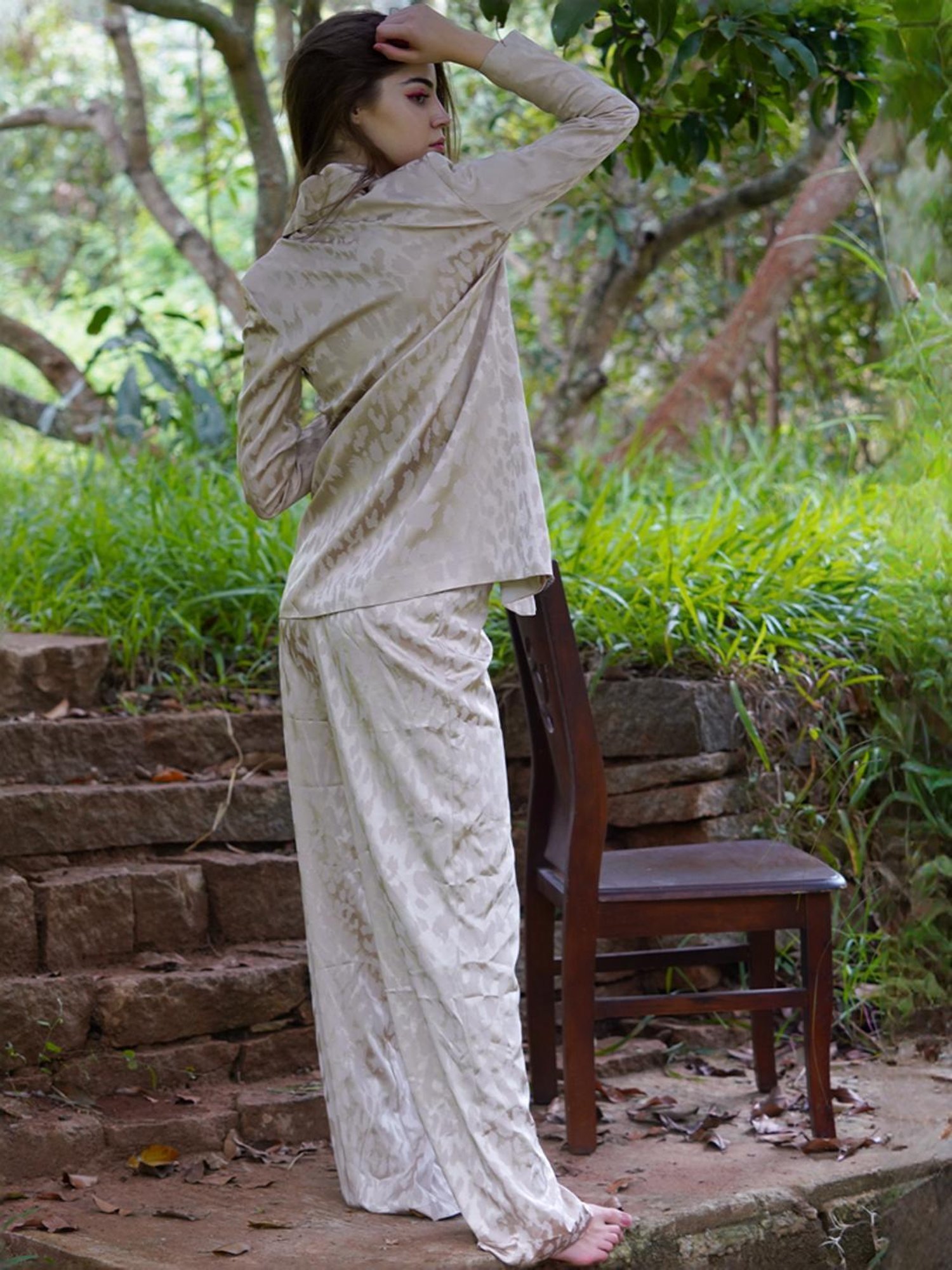 Odette Beige Printed Coat Pant Set