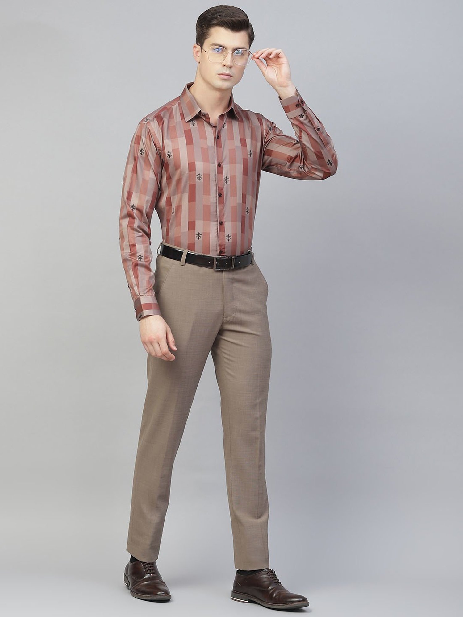 ManQ Rust Cotton Regular Fit Checks Shirt