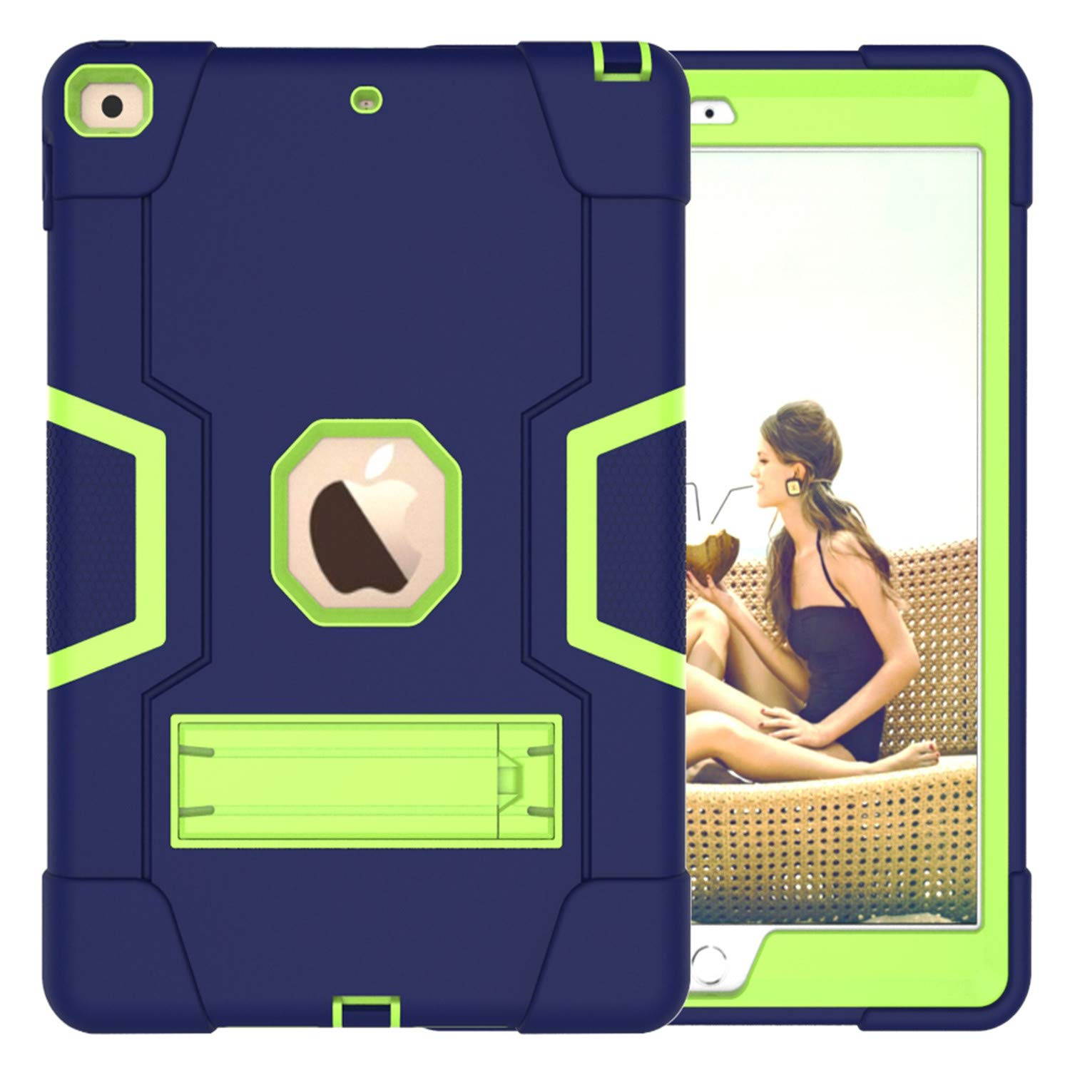Dteck Case for New iPad 10.2" 7th Generation 2019 Release, [Kids Friendly] Three Layer Hybrid Shockproof Armor Defender Rugged Full Body Protective Cover with Kickstand, Navy Blue+Green