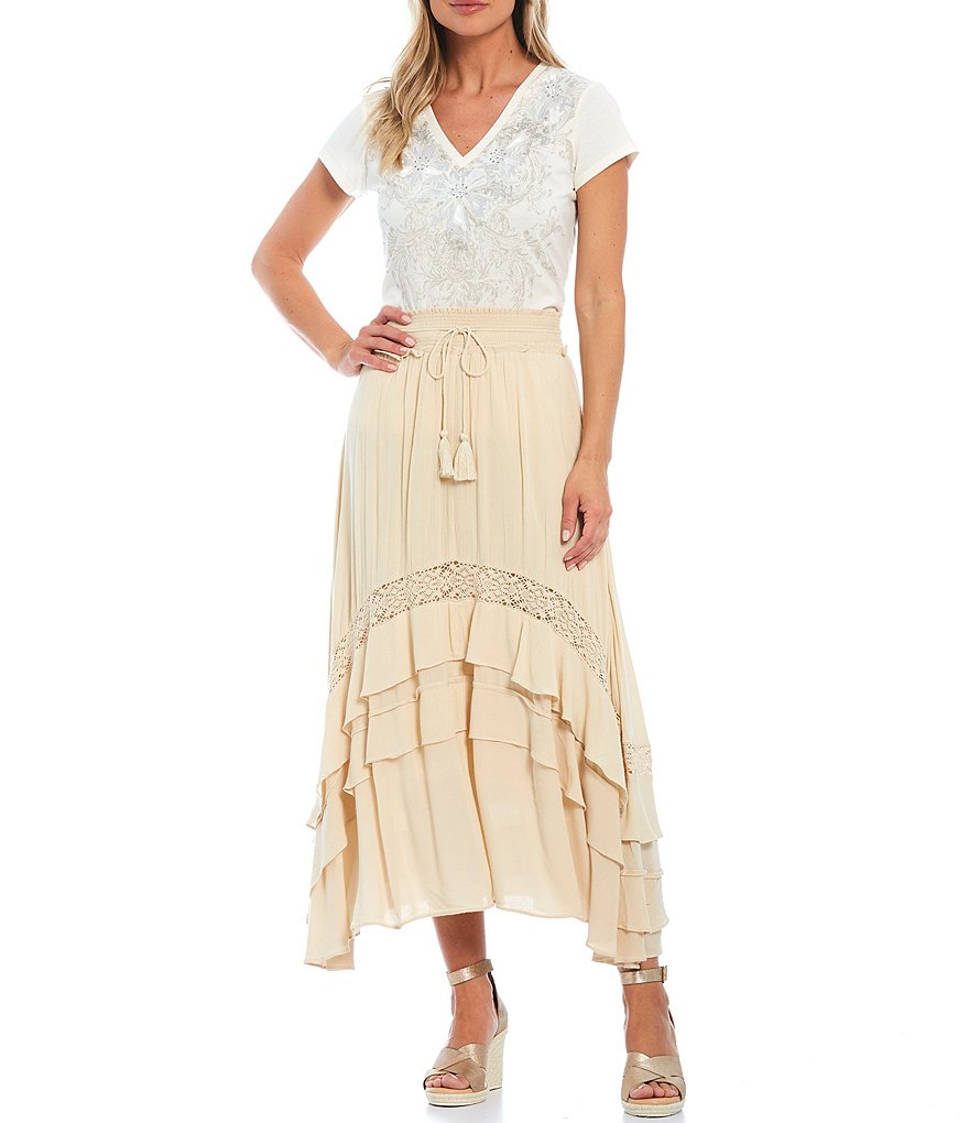Reba Crinkled Crepe Lace Inset Ruffle Skirt
