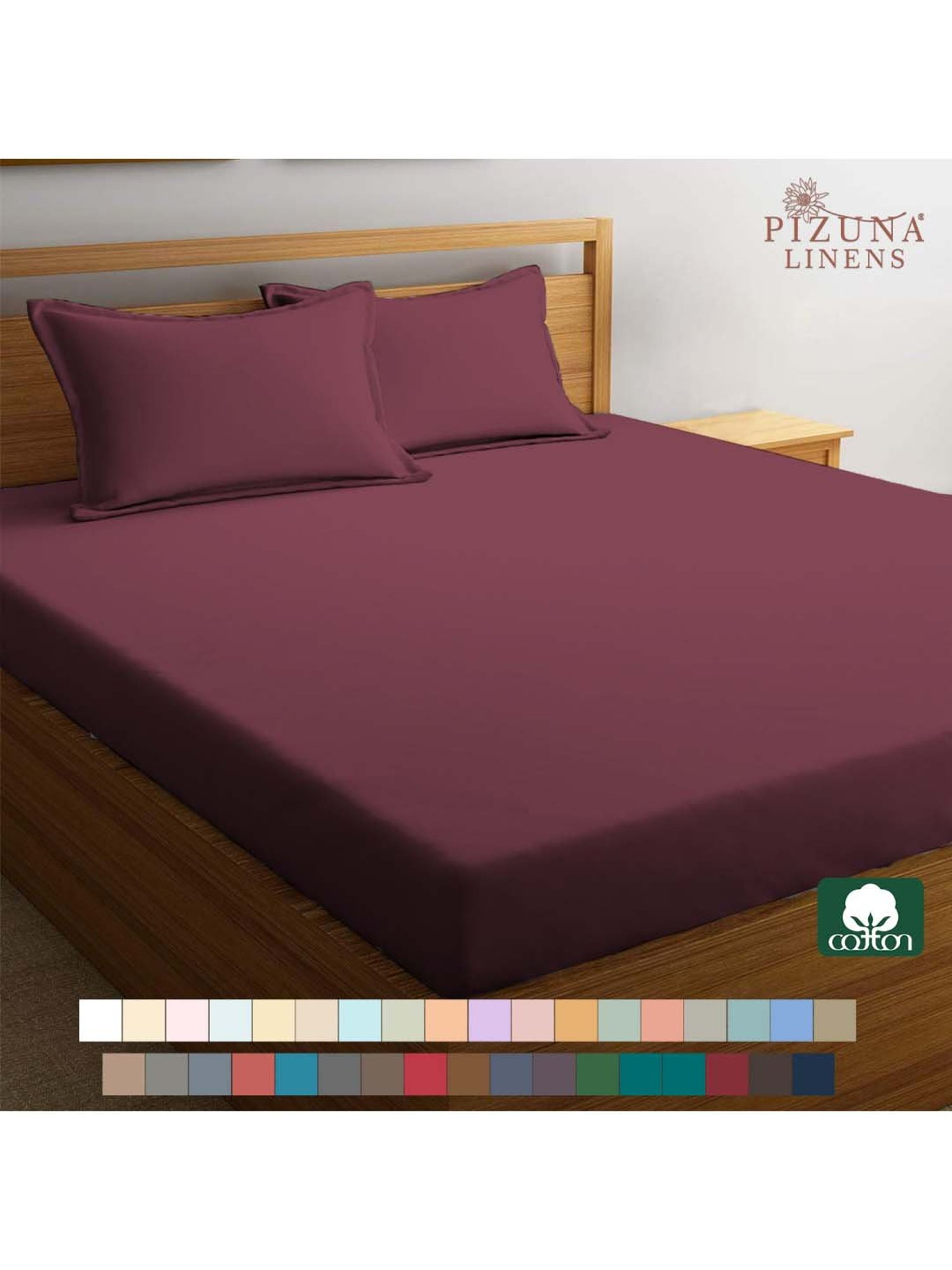 Pizuna 400TC 100% Cotton New Burgundy Fitted Bed Sheet Single Size With 1 Pillow Cover