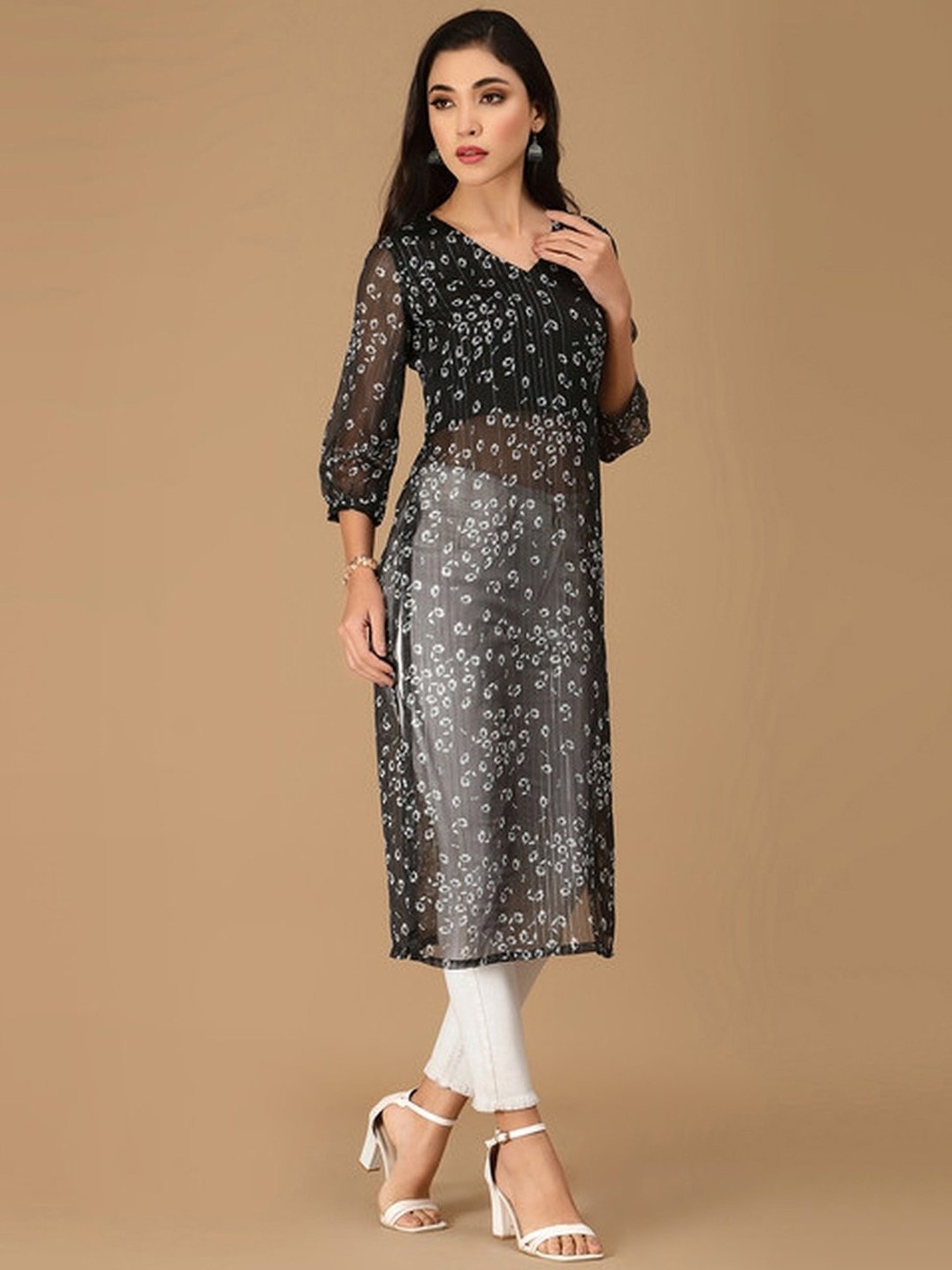 Skylee Black Floral Print Straight Kurta