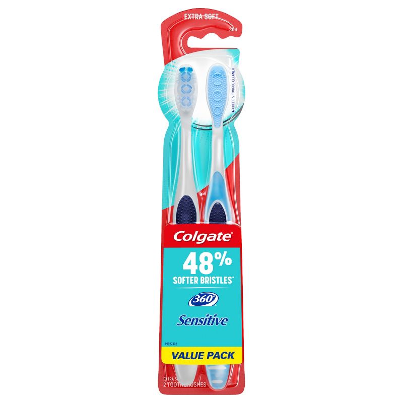 Colgate 360 Sensitive Teeth Toothbrush with Tongue and Cheek Cleaner - Extra Soft Bristles - 2ct