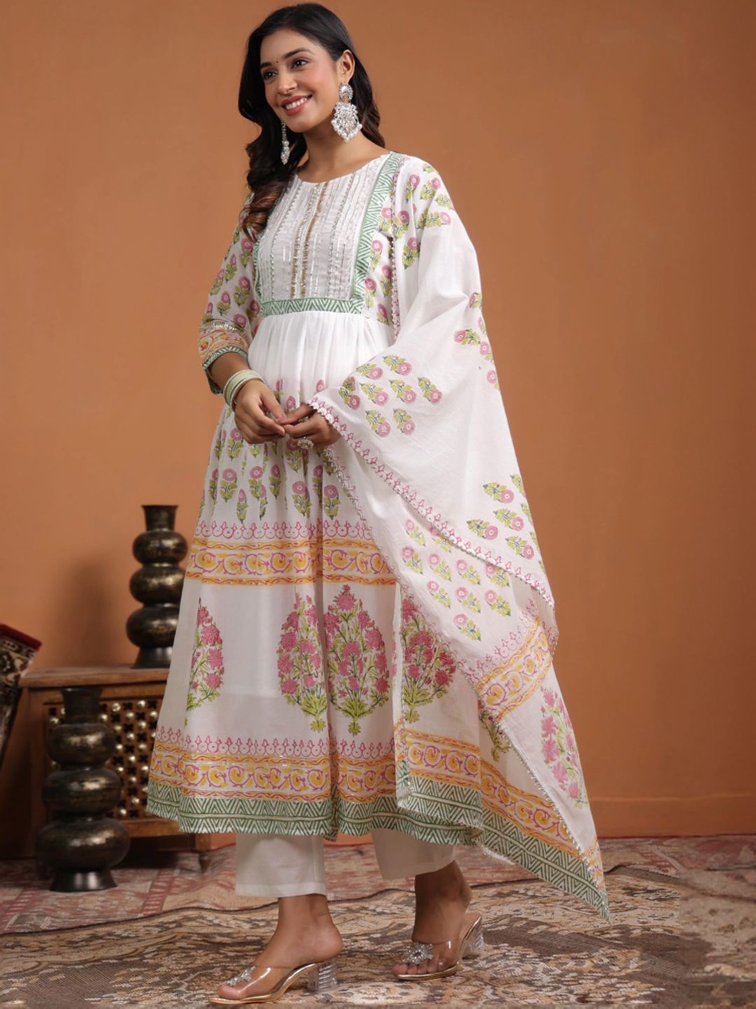 SCAKHI White Cotton Floral Print Kurta Pant Set With Dupatta
