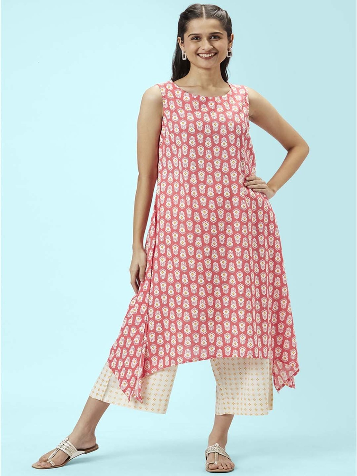 Rangmanch by Pantaloons Pink & White Printed Kurta Palazzo Set
