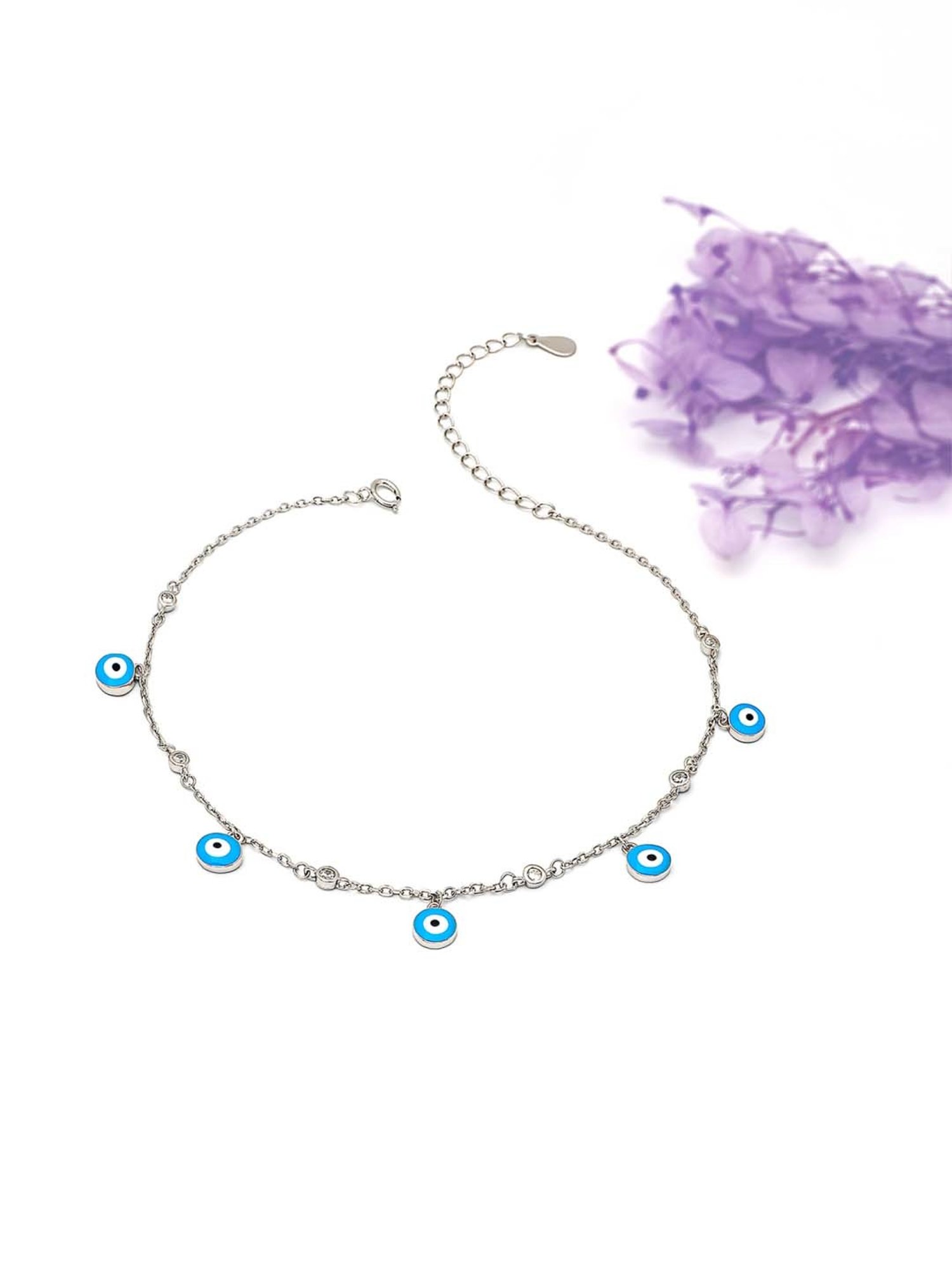 Silberry 925 Sterling Silver Blue Evil Eye Anklet for Women