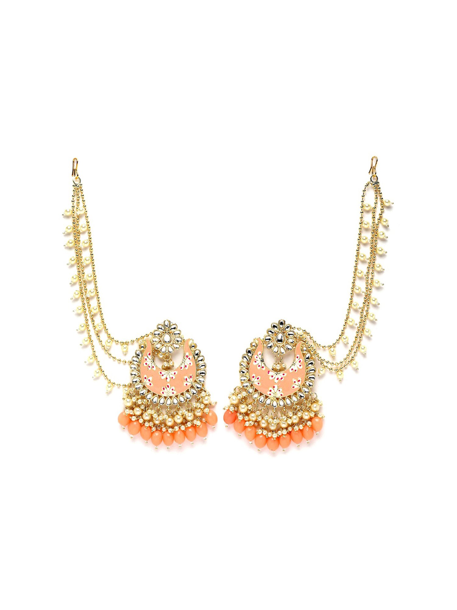 Karatcart Peach Meena Floral Design Gold Plated Pearl and Tumble Studded Kundan Kaanchain Earrings