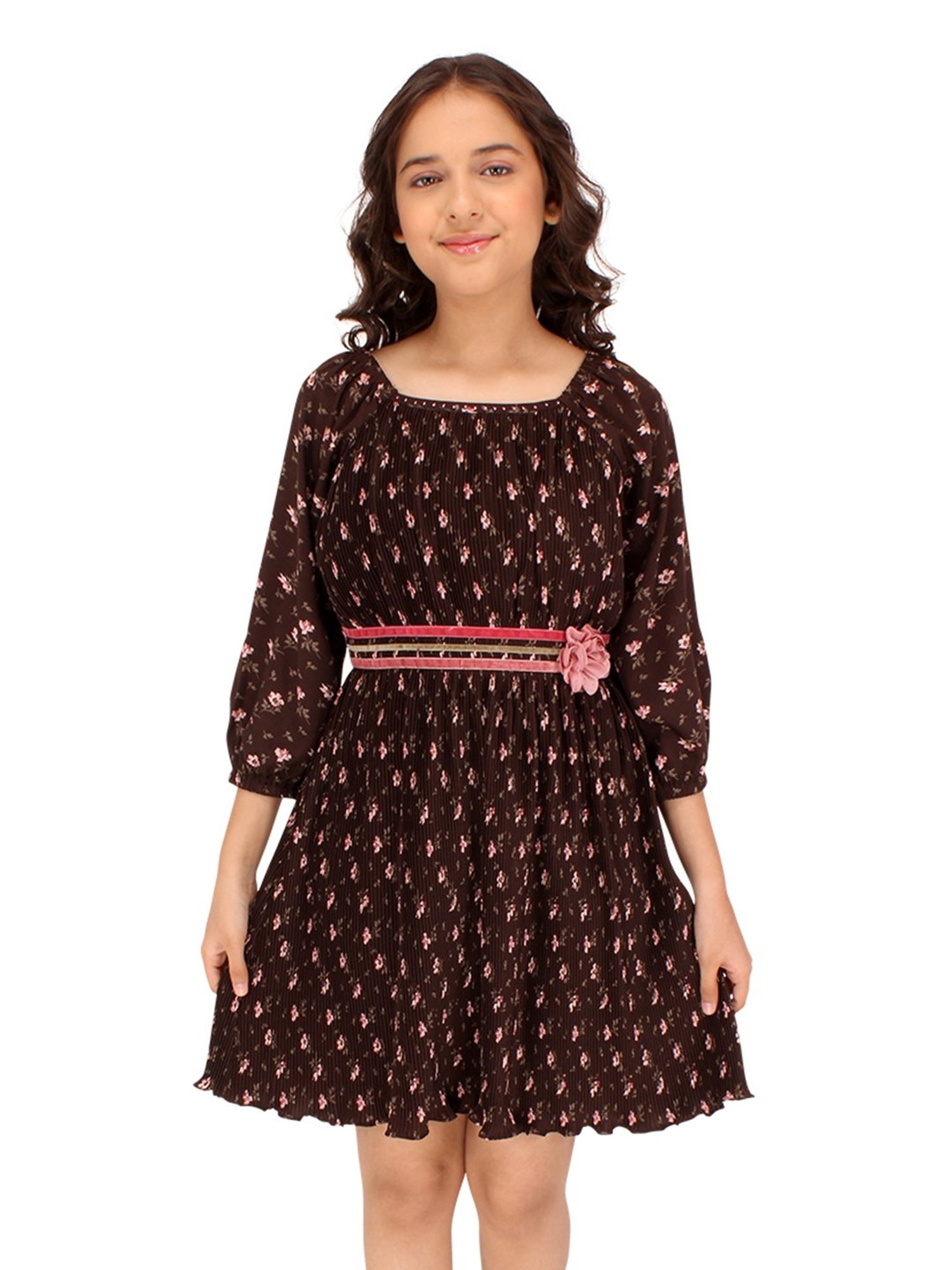 Cutecumber Kids Dark Brown Floral Print Pleated Dress
