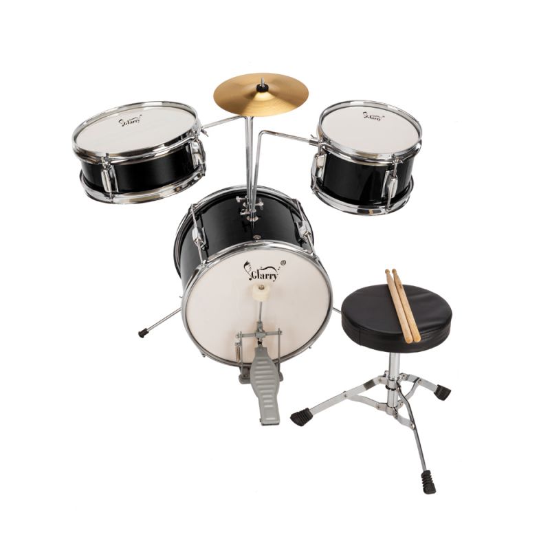 3 PCS Complete Junior Drum Set Cymbal Child Kids Kit w/ Stool Sticks Black