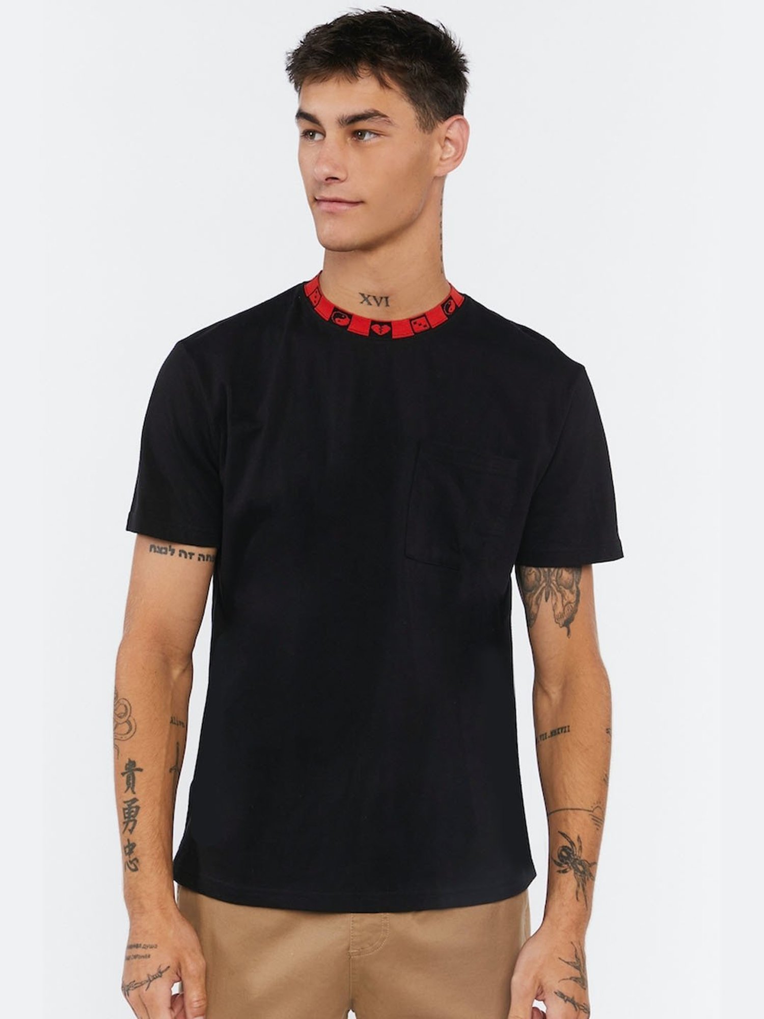 Forever21 Black Cotton Regular Fit Self Pattern T-Shirt