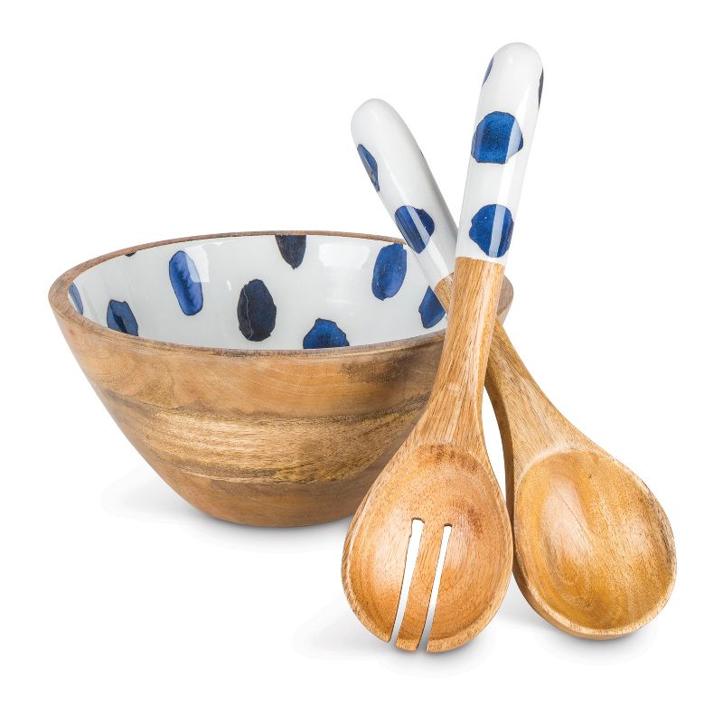 Lone Elm Studios Indigo Ink-Accented Serving Bowl with Matching Set of 2 Spoons