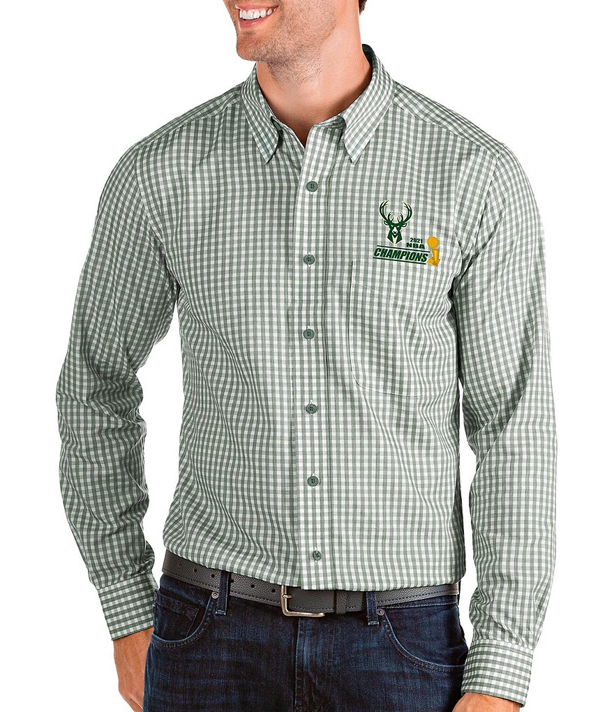 Antigua Milwaukee Bucks 2021 NBA World Champions Structure Long-Sleeve Woven Shirt