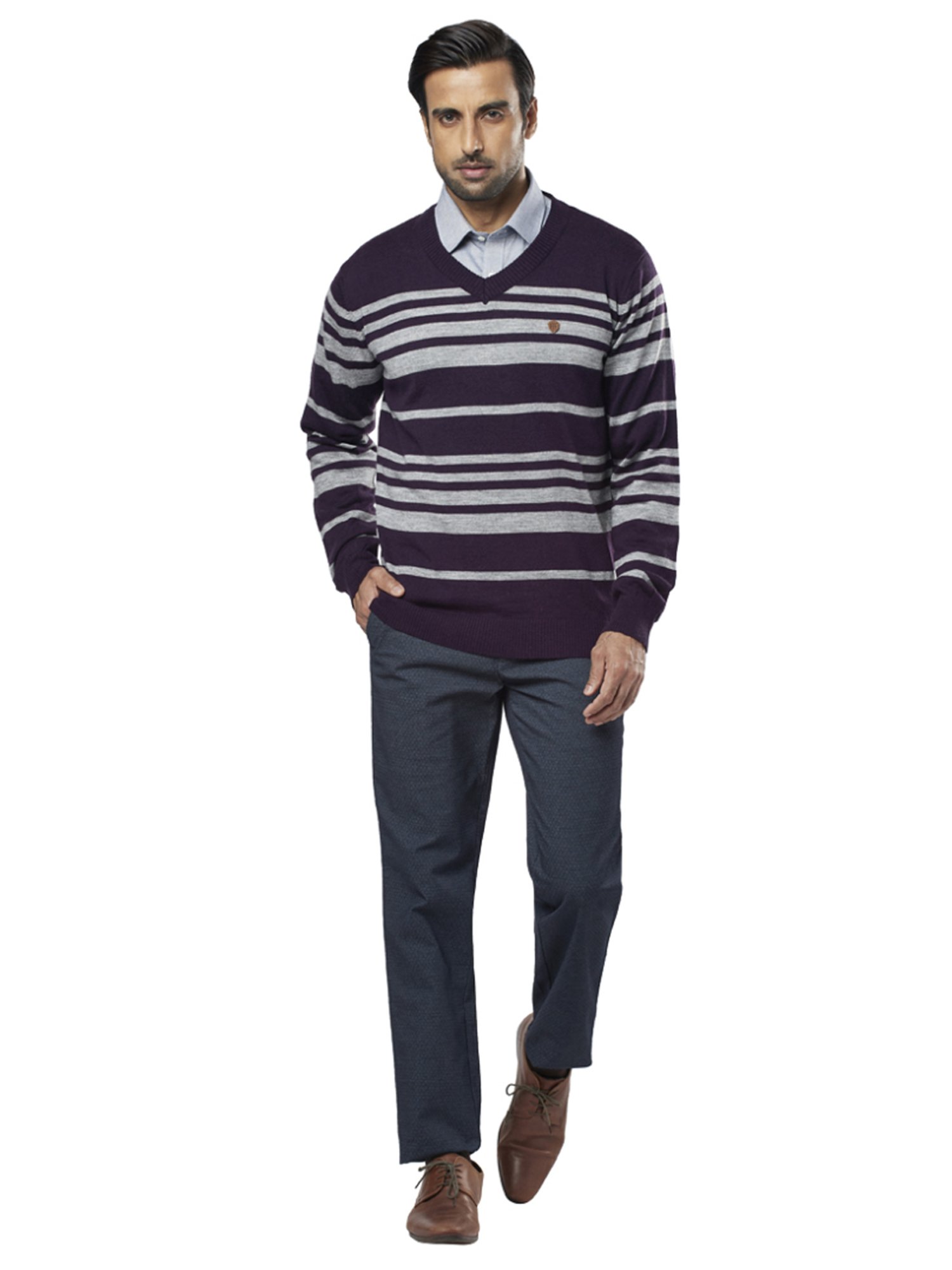 Raymond Purple  Regular Fit Striped Sweaters