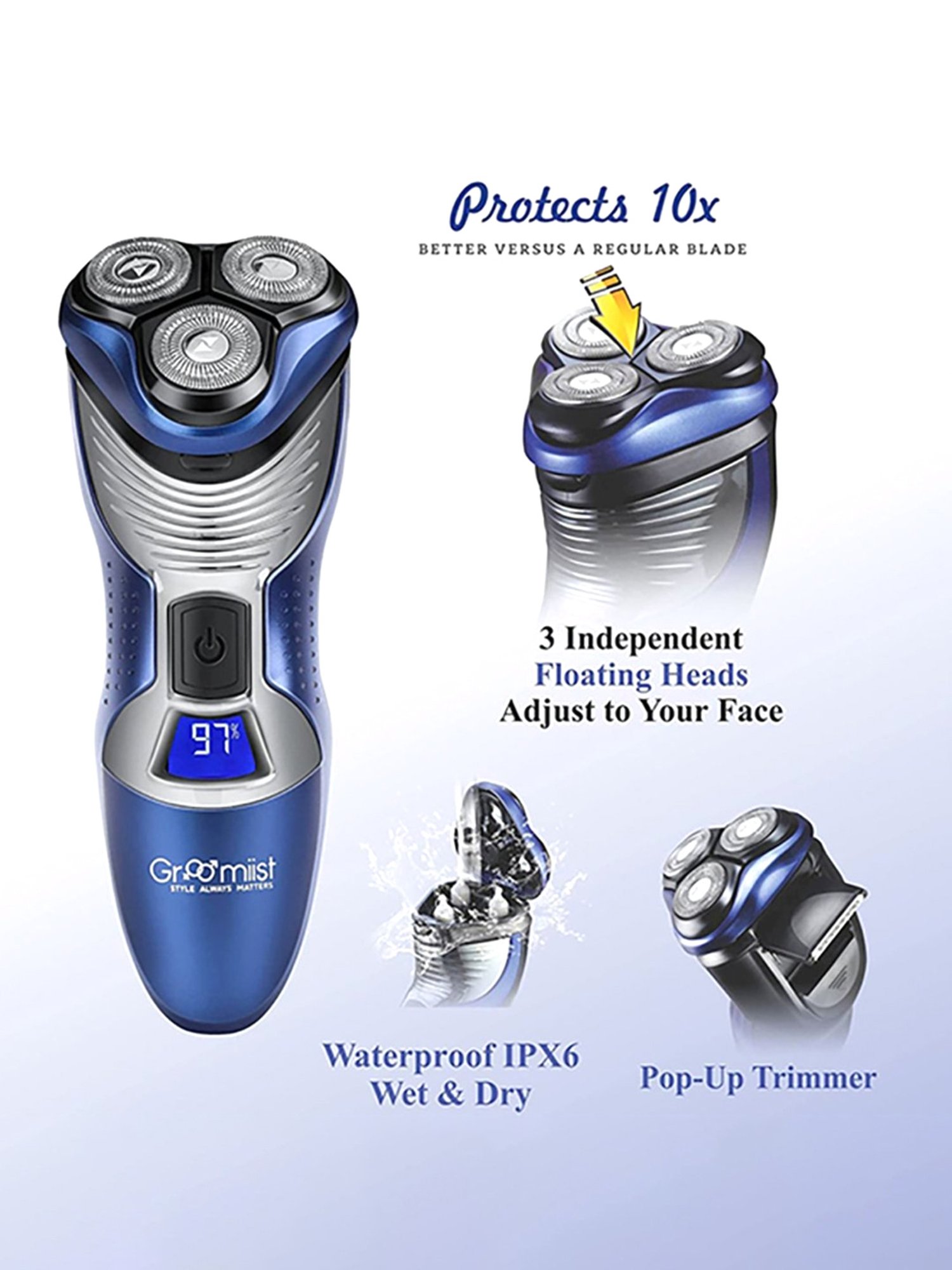 Groomiist GS-05 Gold Series Cordless Shaver - 45 Min Runtime (Blue and Silver)