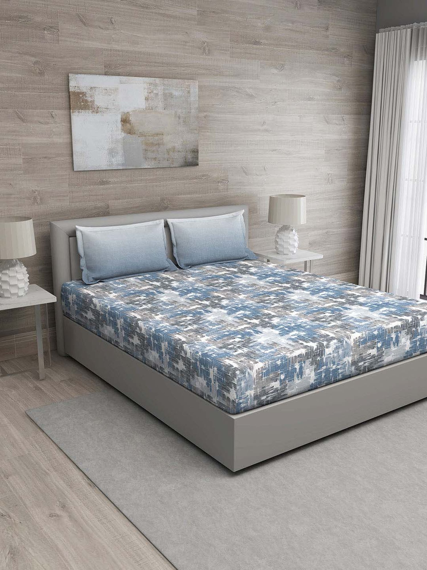 GM Blue & Grey 100% Cotton 144 TC King Bedsheet Set