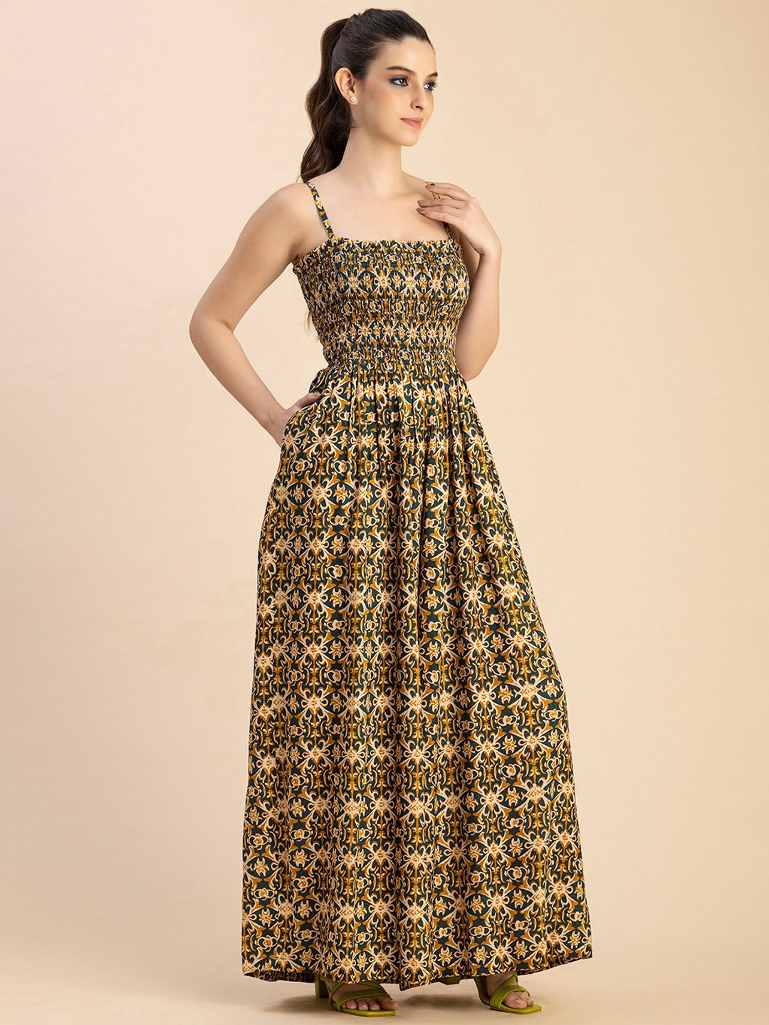 Moomaya Teal & Mustard Printed Jumpsuit