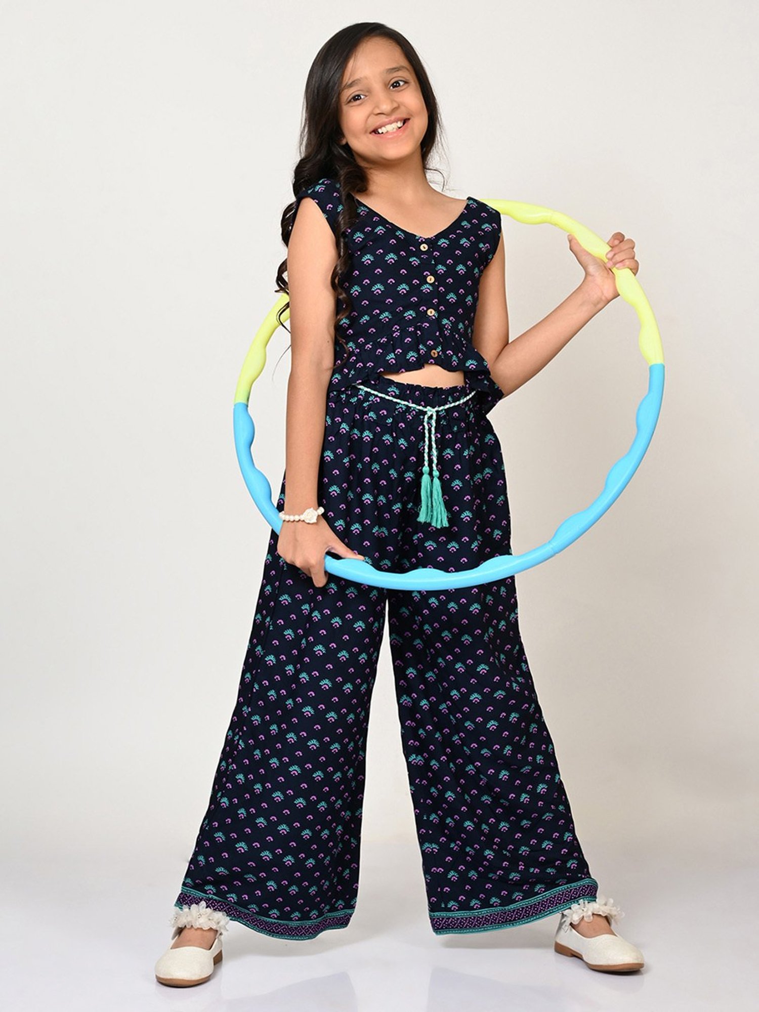 Lil Drama Kids Navy Printed Crop Top with Plazzos