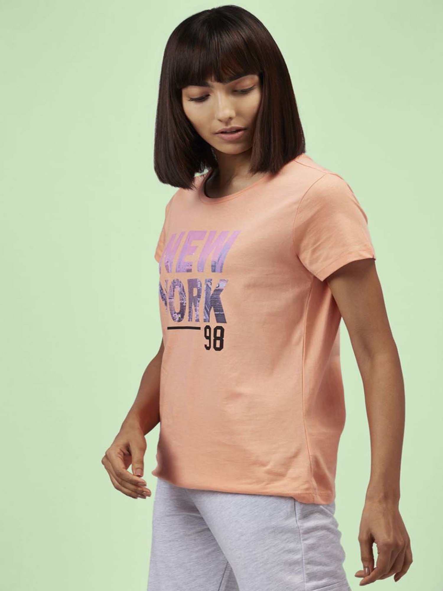 Ajile by Pantaloons Peach Cotton Graphic Print Sports T-Shirt
