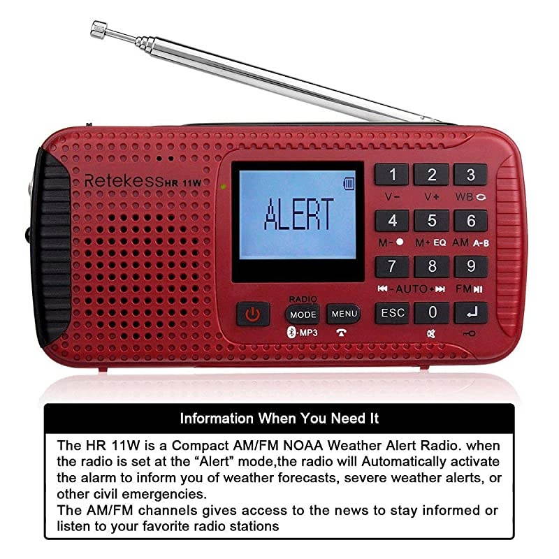 HR11W Digital NOAA Weather Radio, Solar Radio Bluetooth, Wind Up Radio Emergency with Phone Charger, TF Socket, SOS Alarm, for Hurricanes (Red)