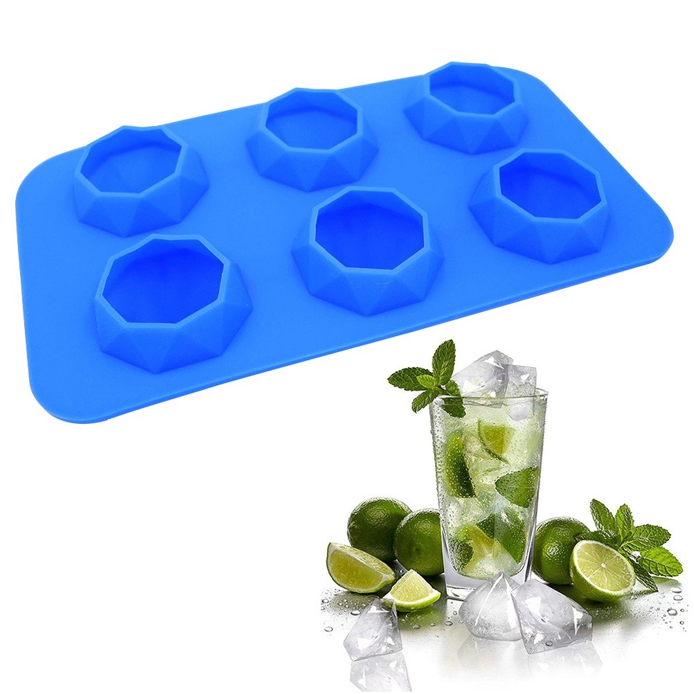 6 Lattices Silicone Ice Mold Diamond Shape Ice Cube Tray Ice Cube Maker for Whiskey Iced Coffee (Sky Blue)