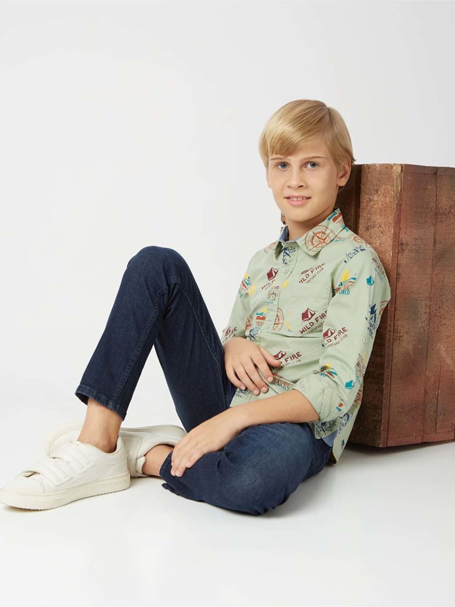 Gas Kids Sage green Cotton Printed Full Sleeves Shirt