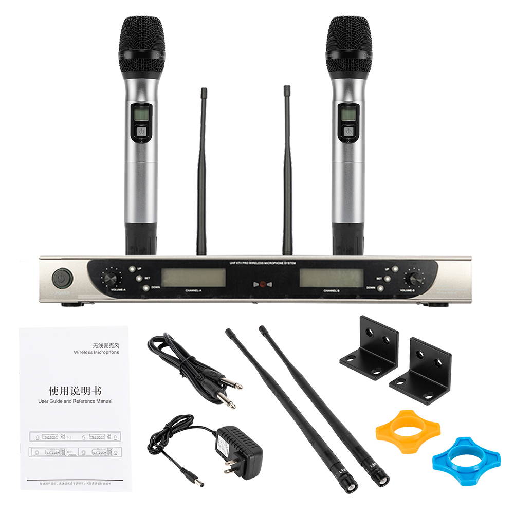 U-8008 UHF Anti-Interference Wireless Microphone System Adjustable Frequency Dual Handheld 2 x Mic Cordless Receiver Silver