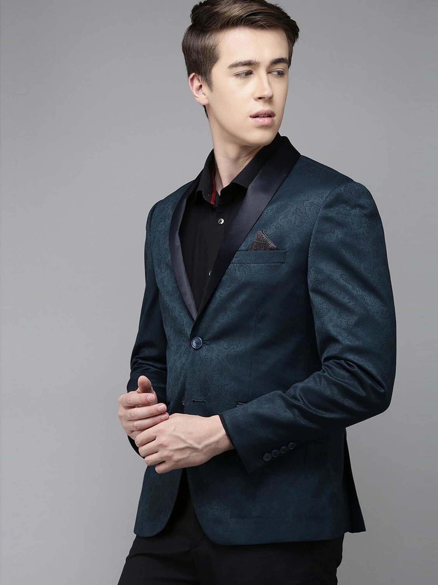 V Dot Navy Skinny Fit Printed Blazer