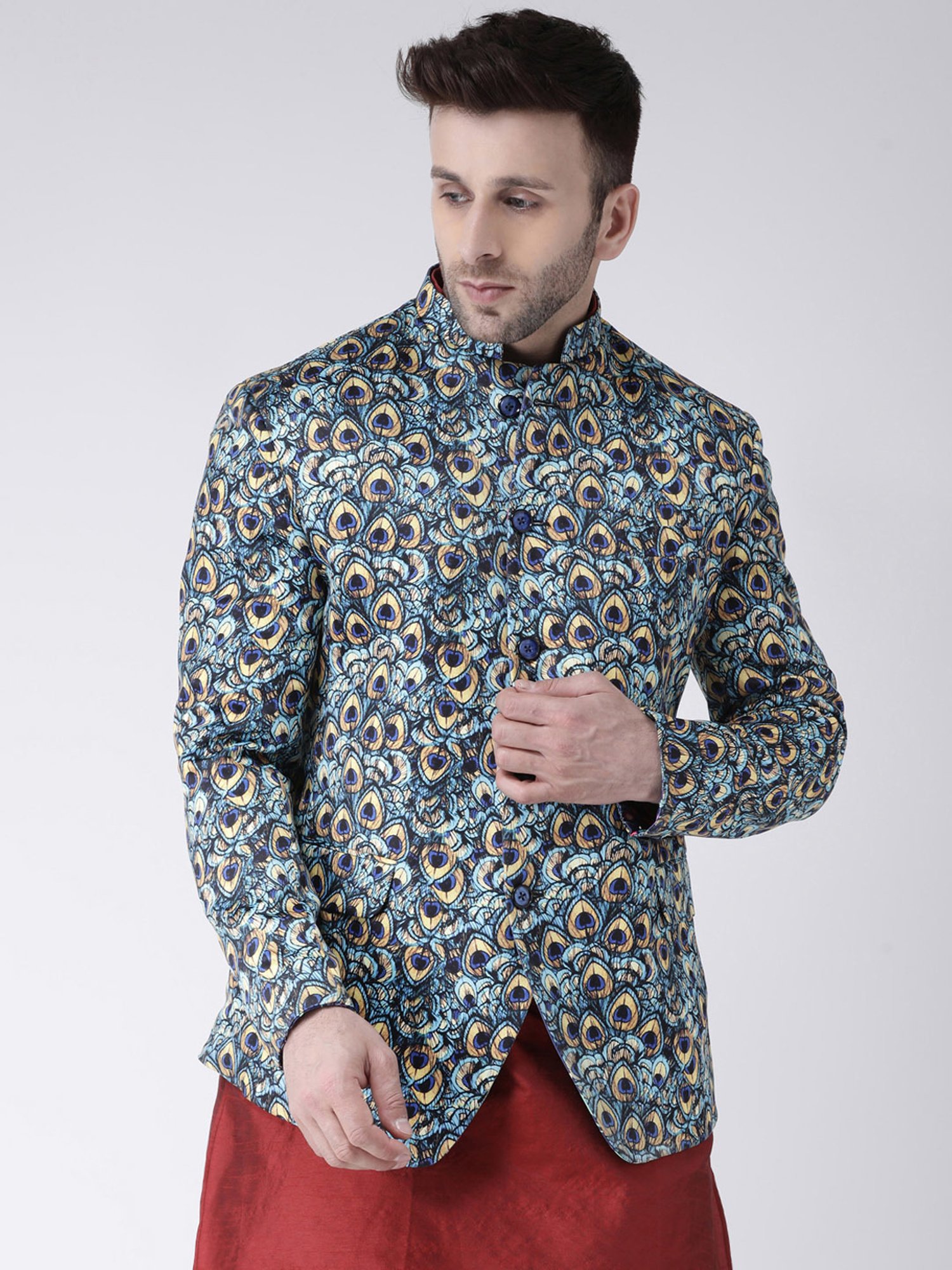 Hangup Plus Blue Regular Fit Printed Ethnic Blazer