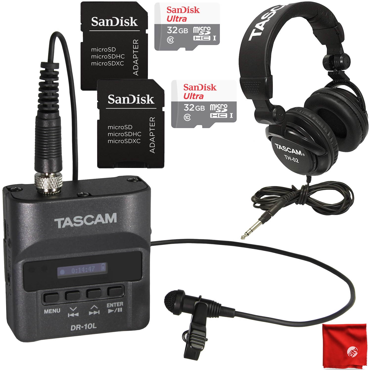 Tascam DR-10L Micro Portable Audio Recorder with Lavalier Microphone Bundle with TH-02 Headphones and 2X Sandisk 32GB SD Memory Cards