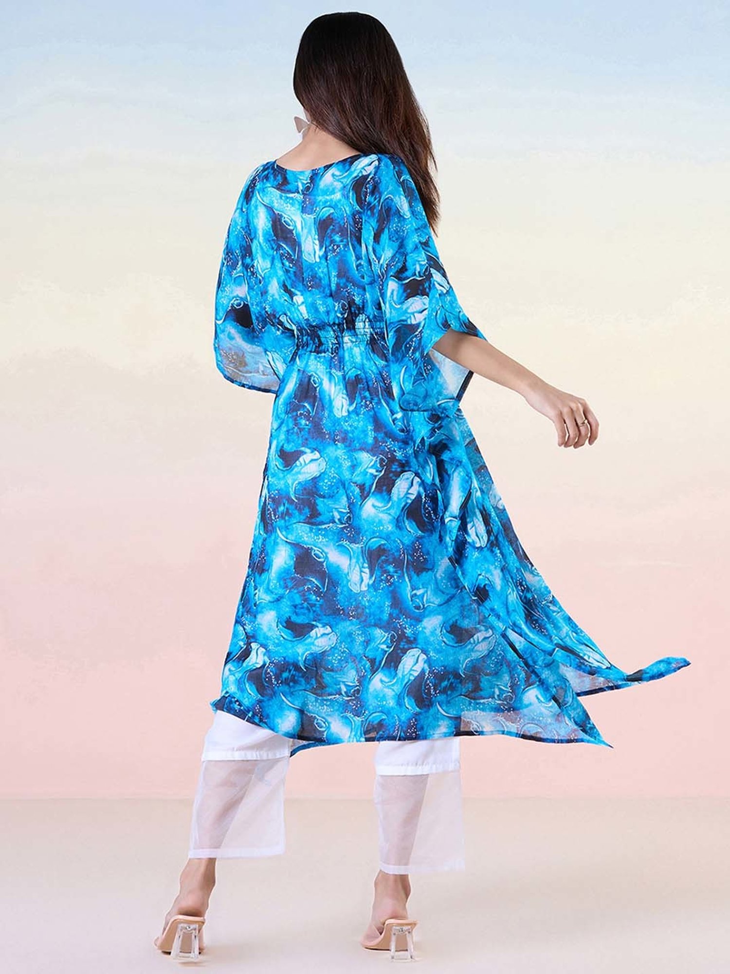 navyasa by liva Blue & White Kaftan & Pants Set