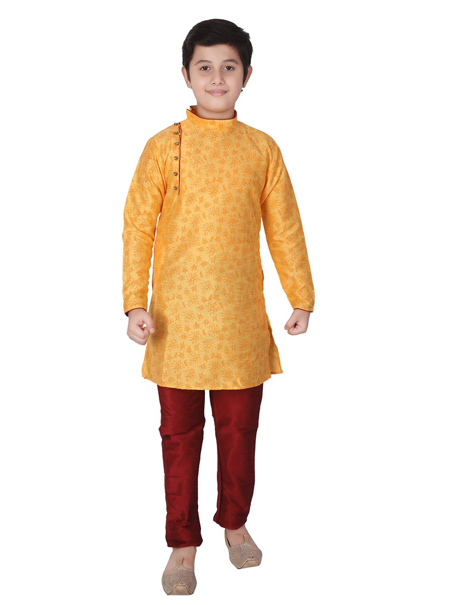 Pro-Ethic Style Developer Kids Yellow & Maroon Printed Full Sleeves Kurta with Churidar