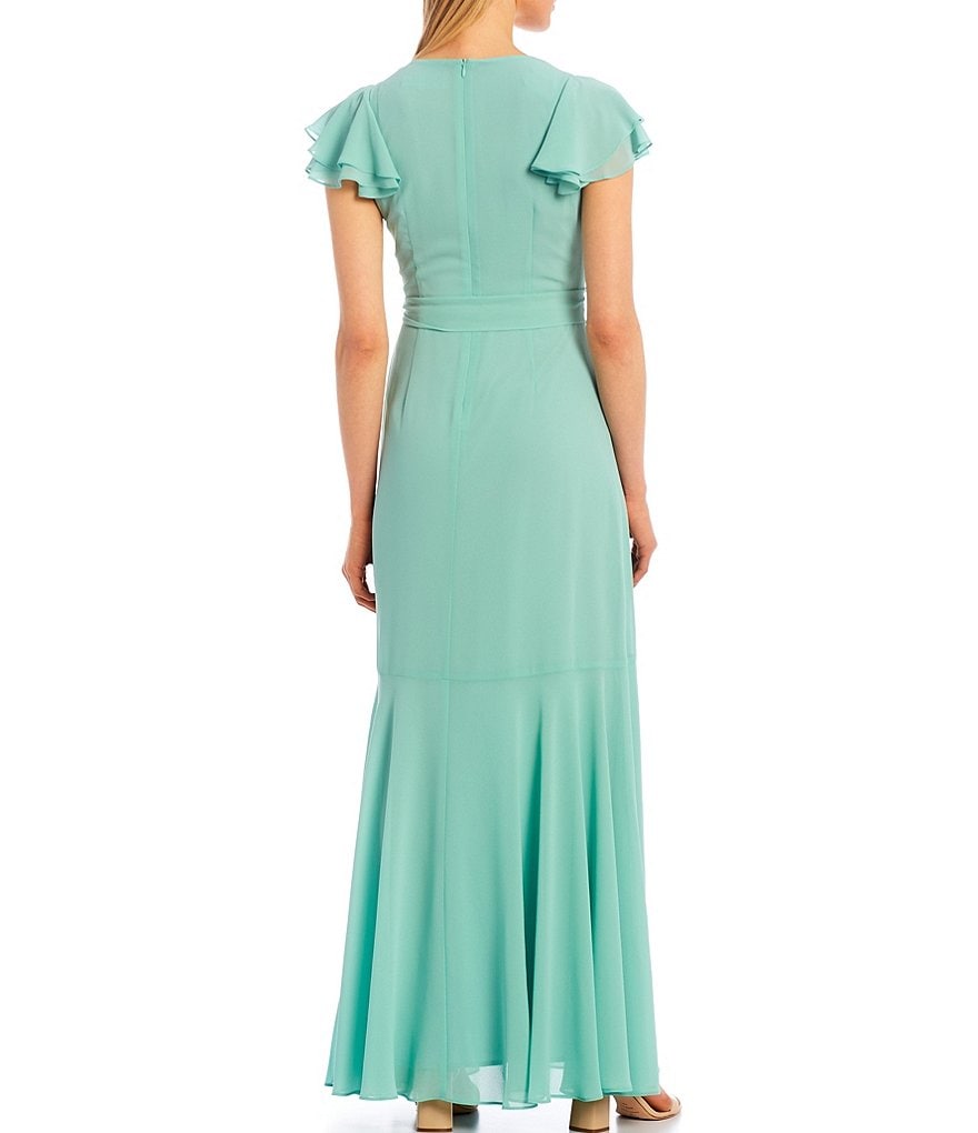 Eliza J Chiffon Ruffle Wrap Flutter Sleeve V-Neck Maxi Dress