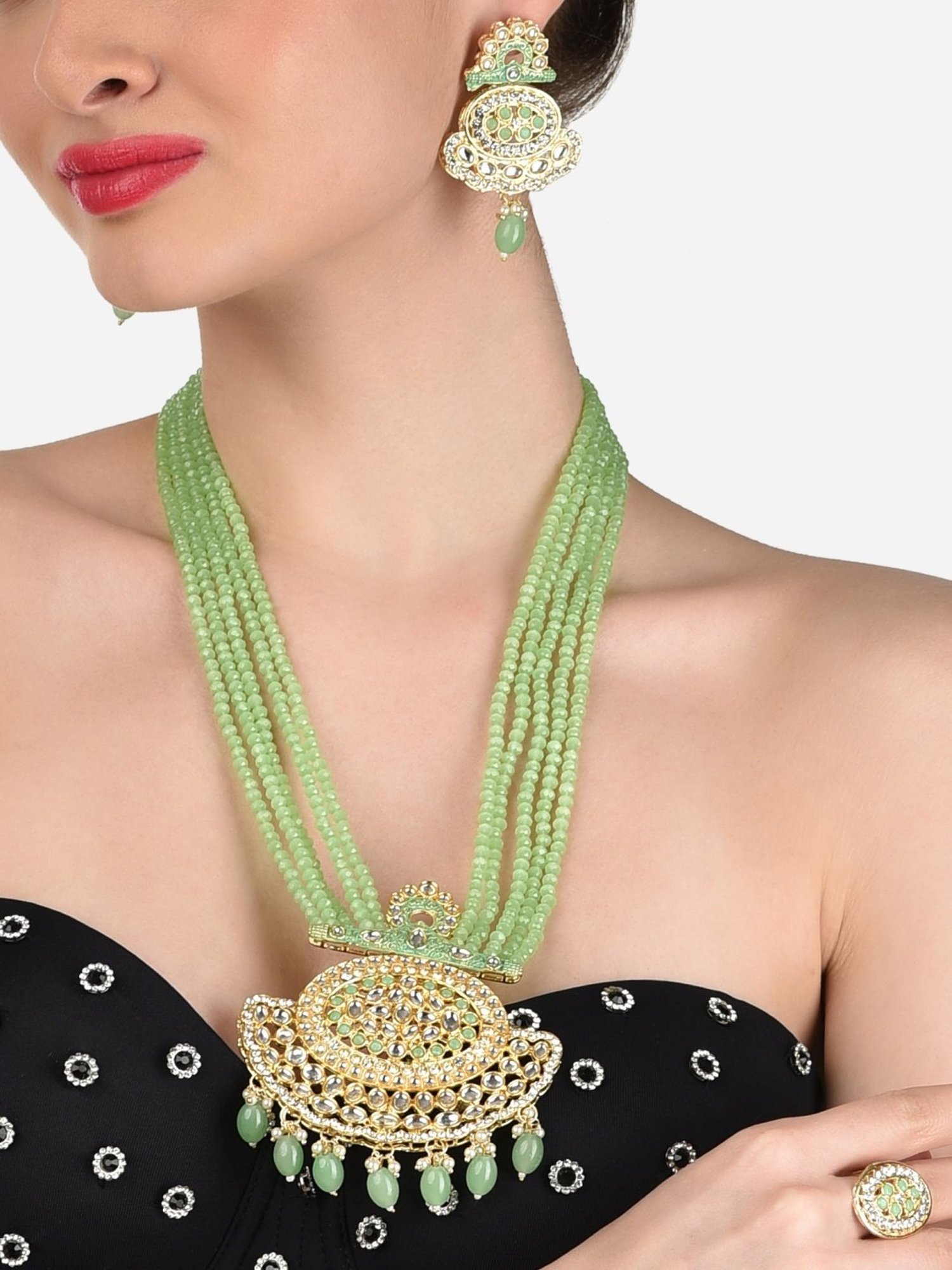 Zaveri Pearls Green Crystals Beaded Multistrand Kundan Necklace, Earring & Ring Set