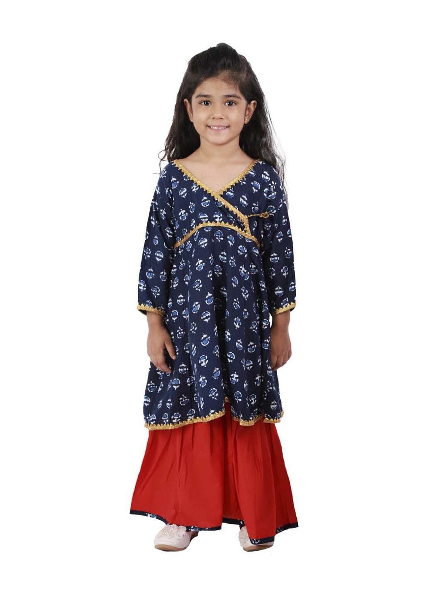 Ahhaaaa Kids Blue & Red Cotton Floral Print Anarkali Set