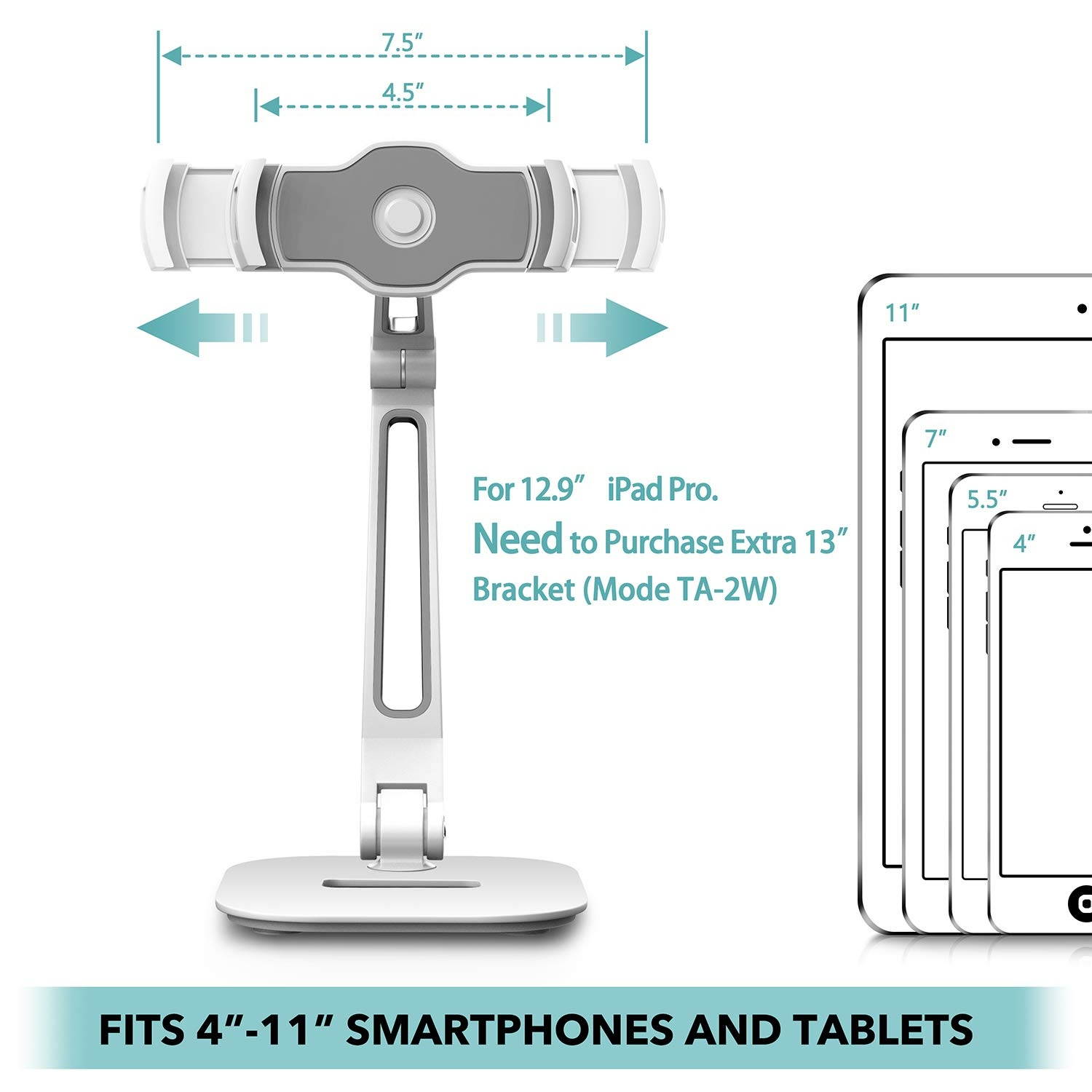 AboveTEK Long Arm Aluminum Tablet Stand, Folding iPad Stand with 360&deg; Swivel iPhone Clamp Mount Holder, Fits 4-11" Display Tablet/Phones for Kitchen Table Bedside Office Desk POS Kiosk Reception