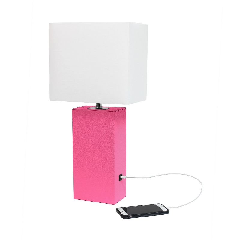 Modern Leather Table Lamp with USB and Fabric Shade Hot Pink - Elegant Designs
