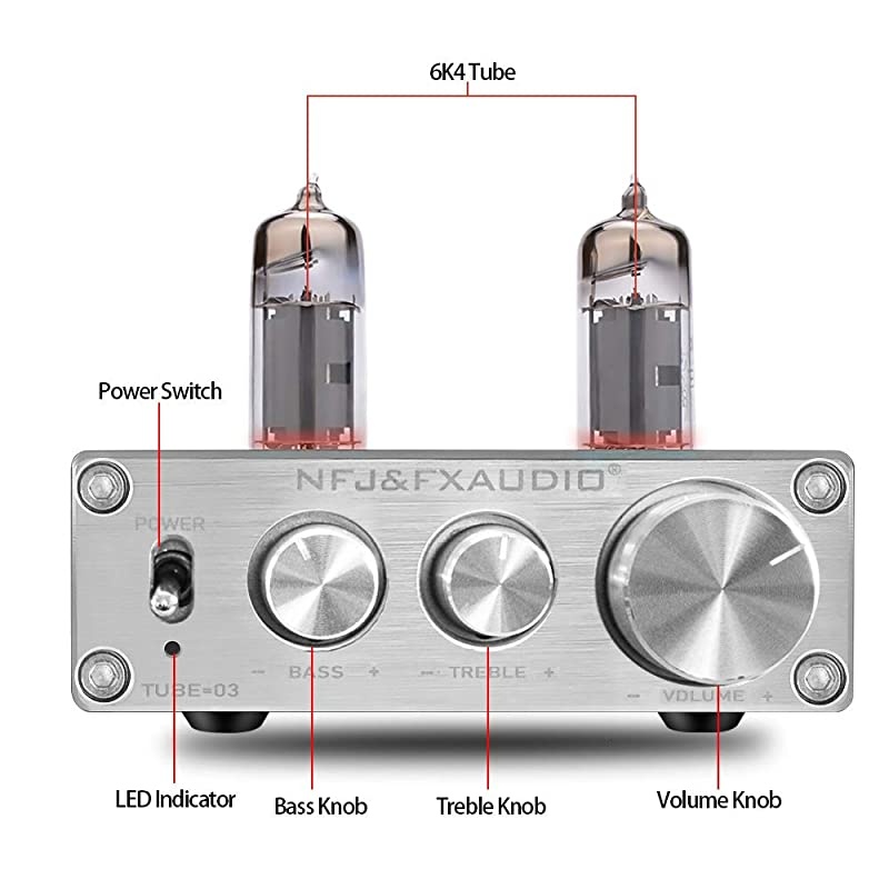 Vacuum Tube PreampMini Electronic HiFi Stereo 6K4 Tube Preamplifier with Bass Treble Control for Home Audio Player DC 12V Silvery