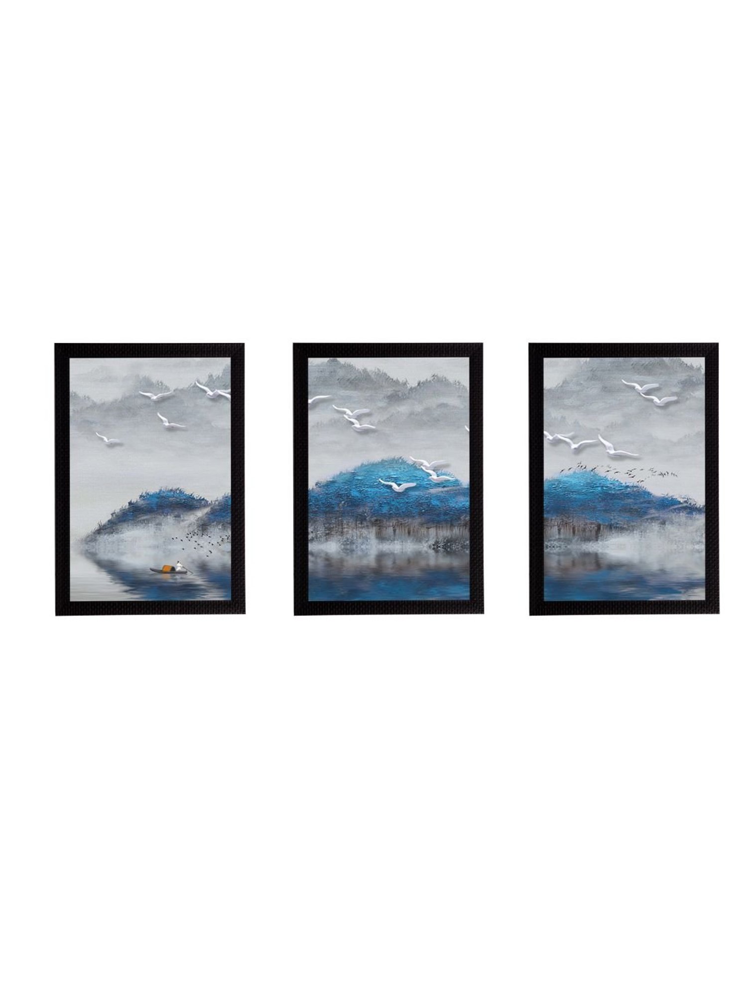 eCraftIndia Set Of 3 Blue Trees and Birds Satin Matt Texture UV Art Painting