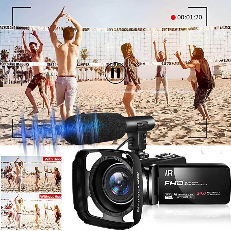 Camera 1080P Camcorder Full HD 30FPS 24MP Vlogging Camera for YouTube IR Night Vision 16X Digital Zoom Time Lapse Webcam YouTube Camera with Microphone Remote Control Lens Hood and 2 Batteries