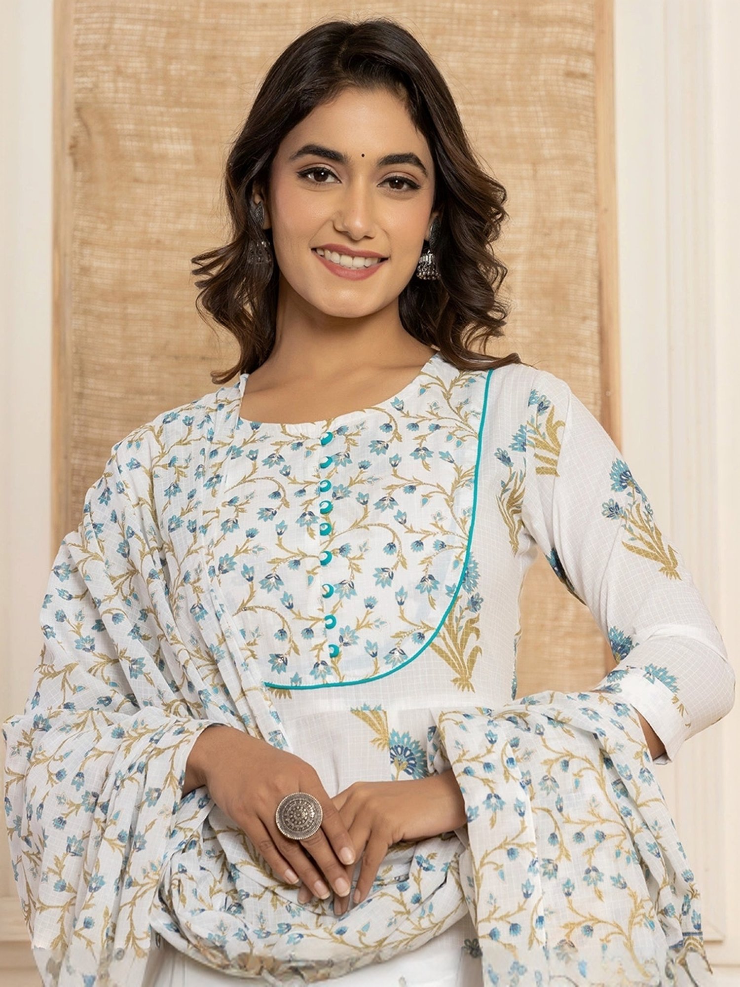 Yufta Blue & White Cotton Printed Kurta Pant Set With Dupatta