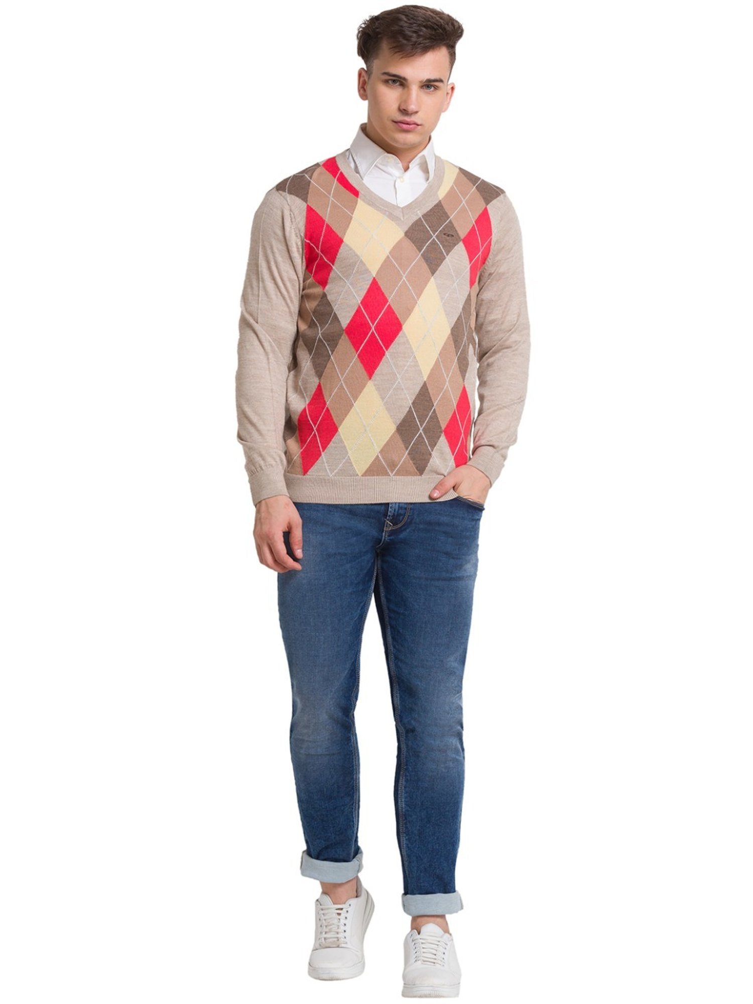ColorPlus Beige Tailored Fit Self Pattern Sweater