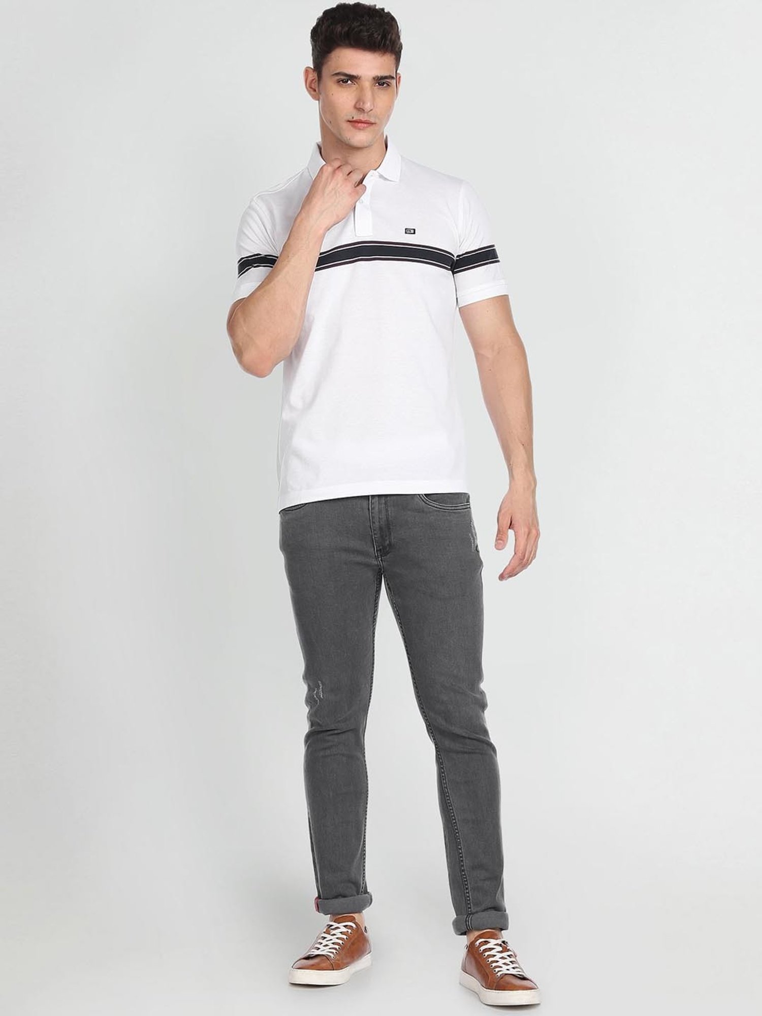 Arrow Sport White Cotton Regular Fit Striped Polo T-Shirt