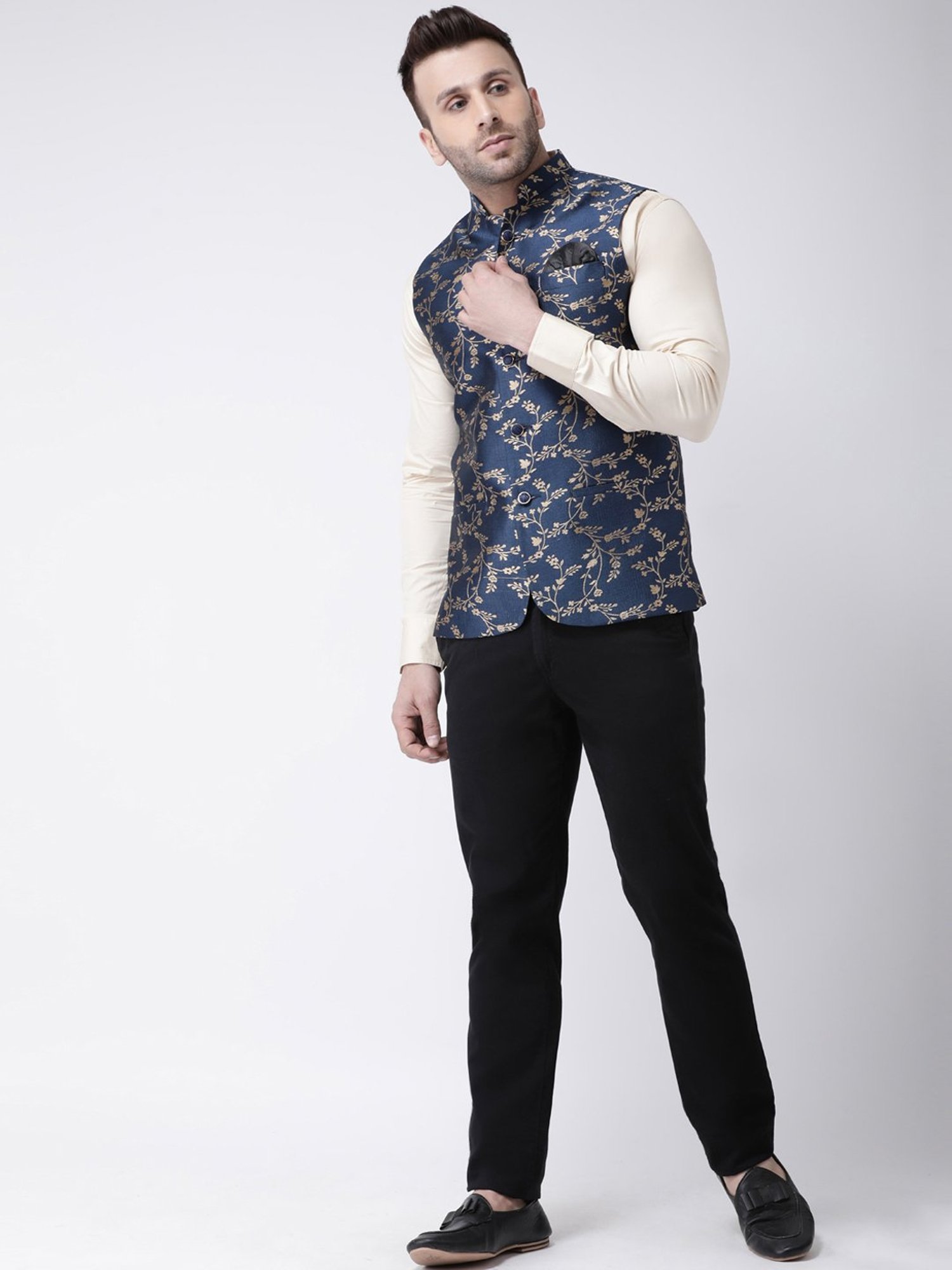 Hangup Plus Navy Regular Fit Jacquard Nehru Jacket
