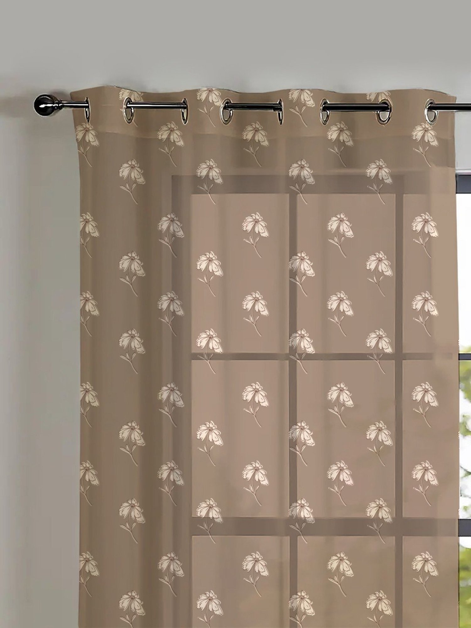 SPACES DRAPE STORY Boho Floral Brown Polyester 9 ft Sheer Long Door Curtains - Set of 2