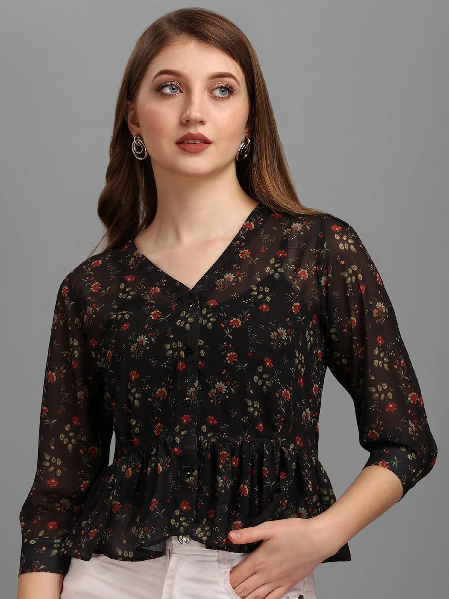 MASAKALI.CO Black Floral Print Peplum Top
