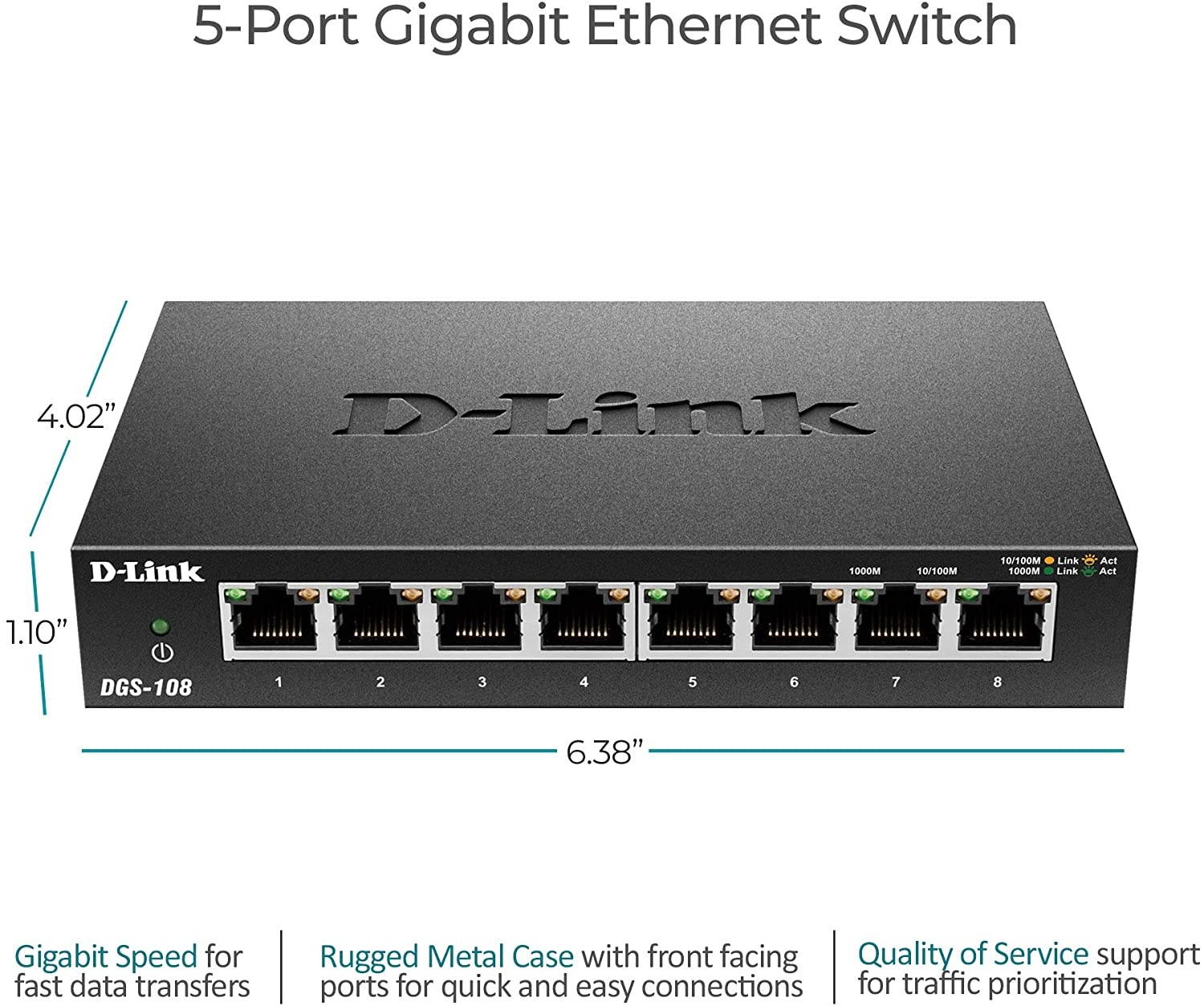 D-Link PoE Switch, 8 Port Ethernet Gigabit Unmanaged Desktop Switch,Black & Ethernet Switch, 8 Port Gigabit Unmanaged Metal Fanless Desktop or Wall Mount Design (DGS-108), Black