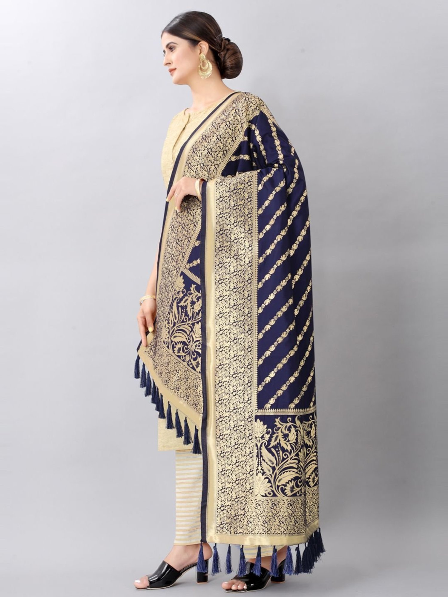 Silk Land Navy Woven Pattern Dupatta